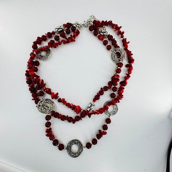 Premier Designs Triple Strands Coral Beaded Necklace over Silver Plated 17-20" - Picture 9 of 9